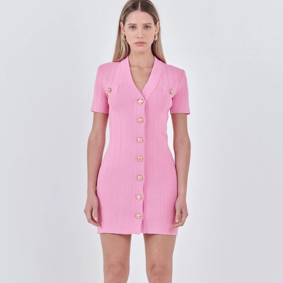 Endless Rose Shank Button V-Neckline Knit Mini Dress - Picture 2 of 5